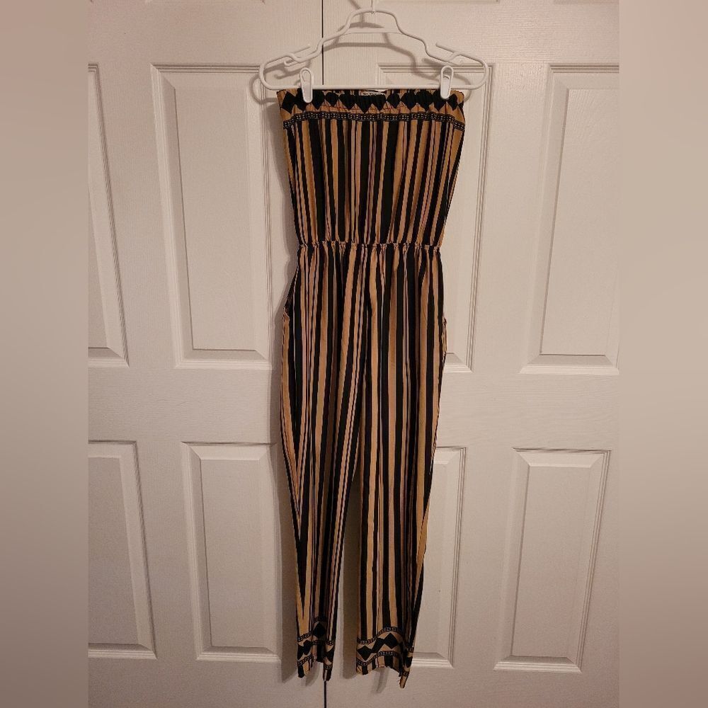 Necessary clothing black and tan‎ strip sleeveless jumpsuit